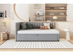 Cama nido 90/180 x 200 cm en forma de L, Sofá cama - Terciopelo - Somier de láminas - claro (sin colchón)^Merax