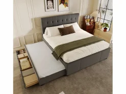 Merax Cama nido con 3 cajones - 140 x 200 cm + 90 x 190 cm - tejido de lino - cabecero ajustable - color Gris