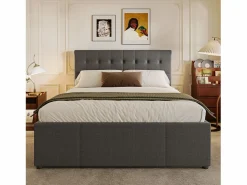 Merax Cama nido con 3 cajones - 140 x 200 cm + 90 x 190 cm - tejido de lino - cabecero ajustable - color Gris