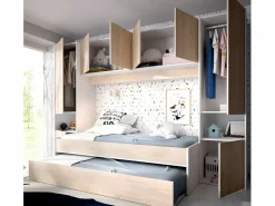 Vente-unique Cama nido con puente y compartimentos 90 x 190 cm roble y blanco con colchón SELENA Color natural claro Best