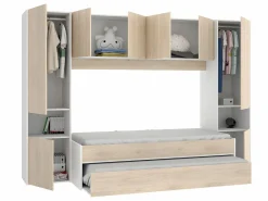 Vente-unique Cama nido con puente y compartimentos 90 x 190 cm roble y blanco con colchón SELENA Color natural claro Best
