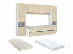 Vente-unique Cama nido con puente y compartimentos 90 x 190 cm roble y blanco con colchón SELENA Color natural claro Best