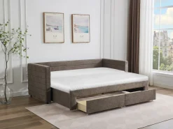 Vente-unique Cama Diván|Cama Nido|Cama nido de 2 x 80 x 200 cm en tejido texturizado gris + colchón - CAMITY