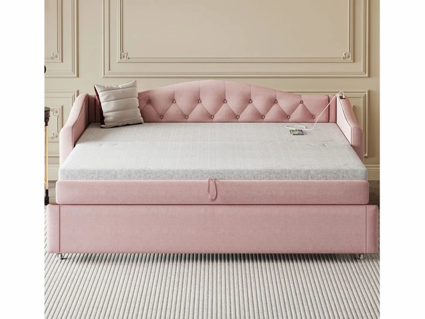ModernLuxe Cama Nido|Cama nido de lino 90x200 cm y 90x190 cm - con puerto USB y somier -