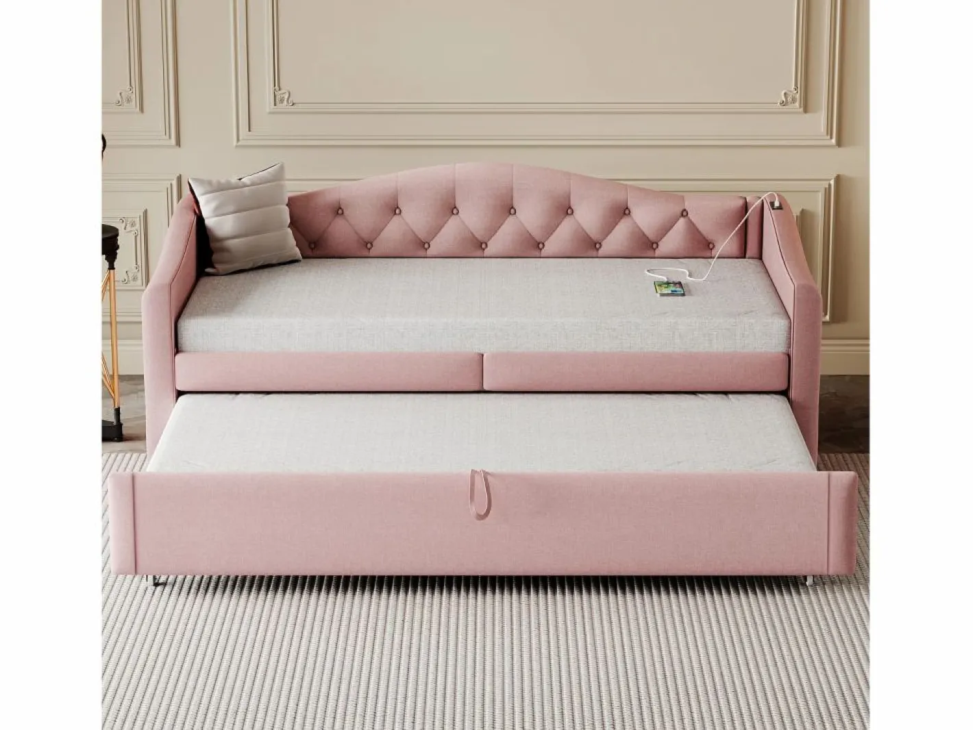ModernLuxe Cama Nido|Cama nido de lino 90x200 cm y 90x190 cm - con puerto USB y somier -