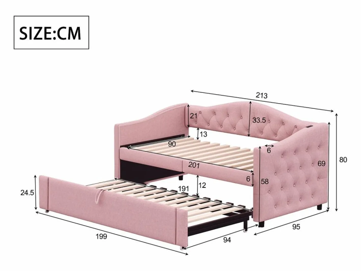 ModernLuxe Cama Nido|Cama nido de lino 90x200 cm y 90x190 cm - con puerto USB y somier -