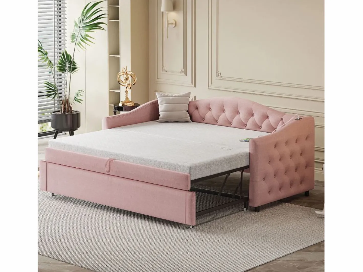 ModernLuxe Cama Nido|Cama nido de lino 90x200 cm y 90x190 cm - con puerto USB y somier -