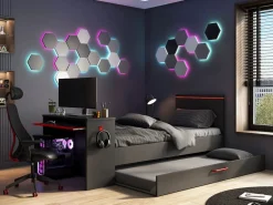 Vente-unique Cama Nido|Cama nido gamer 90 x 200 et 90 x 190 cmcm con escritorio y LEDs antracita y rojo - VOUANI