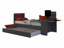 Vente-unique Cama Nido|Cama nido gamer 90 x 200 et 90 x 190 cmcm con escritorio y LEDs antracita y rojo - VOUANI