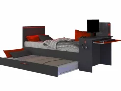 Vente-unique Cama nido gamer 2 x 90 x 200 con escritorio y LEDs antracita y rojo + somier VOUANI Gris antracita Best