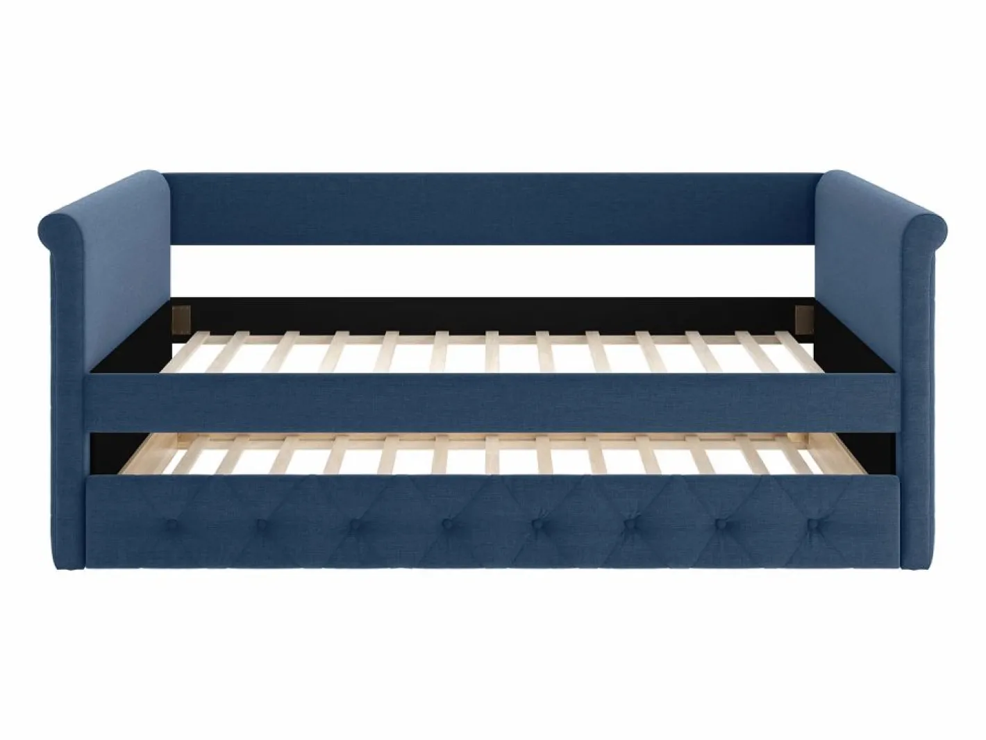 Vente-unique Cama nido LOUISE con diván tapizado en tela azul, 2x90x190cm Azul oscuro New