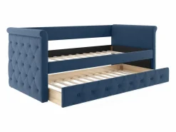 Vente-unique Cama nido LOUISE con diván tapizado en tela azul, 2x90x190cm Azul oscuro New