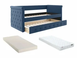 Vente-unique Cama nido LOUISE con diván tapizado en tela azul, 2x90x190cm Azul oscuro New
