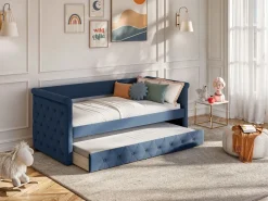 Vente-unique Cama nido tapizada LOUISE - 2x90x190cm - tela azul Azul oscuro