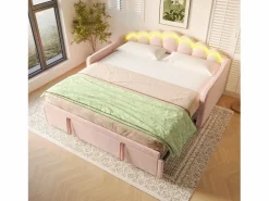 Cama nido 90x200 cm - Sofá convertible con iluminación LED y reposabrazos - terciopelo - sin colchón Rosa Online