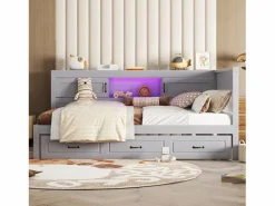 Merax Cama nido 140x200 cm + 90x190 cm con 2 puertas correderas y tomas USB - LED - Tablero aglomerado + MDF - (sin colchón) Gris Clearance