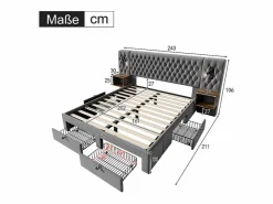 DripeX Cama nido 160x200 cm en terciopelo - Con 4 cajones, 2 mesitas, USB y lámpara de lectura Gris