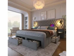 DripeX Cama nido 160x200 cm en terciopelo - Con 4 cajones, 2 mesitas, USB y lámpara de lectura Gris