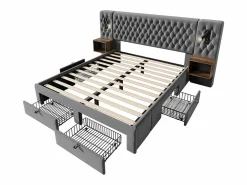 DripeX Cama nido 160x200 cm en terciopelo - Con 4 cajones, 2 mesitas, USB y lámpara de lectura Gris