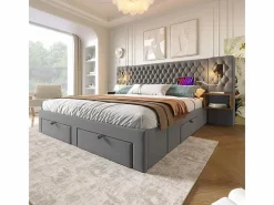 DripeX Cama nido 160x200 cm en terciopelo - Con 4 cajones, 2 mesitas, USB y lámpara de lectura Gris