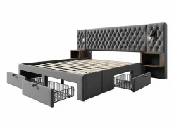 DripeX Cama nido 160x200 cm en terciopelo - Con 4 cajones, 2 mesitas, USB y lámpara de lectura Gris