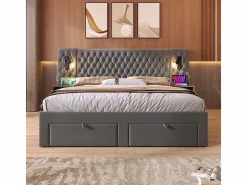 DripeX Cama nido 160x200 cm en terciopelo - Con 4 cajones, 2 mesitas, USB y lámpara de lectura Gris