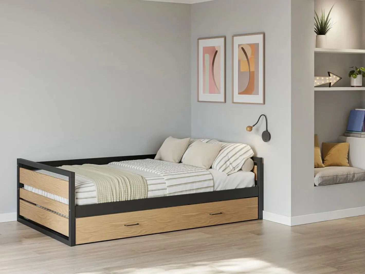 Vente-unique Cama nido 90x200 y 120x200 cm MDF pino y metal natural y antracita + Colchón - BOSTON Color natural claro Clearance