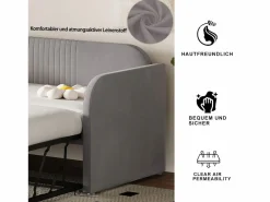 Cama nido 90-180x190cm, sofá cama acolchado a rayas verticales, con somier de láminas, sin colchón, tela de lino, Gris claro Outlet
