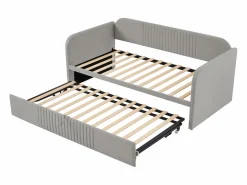 Cama nido 90-180x190cm, sofá cama acolchado a rayas verticales, con somier de láminas, sin colchón, tela de lino, Gris claro Outlet