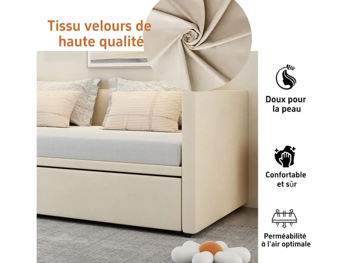 Cama Diván|Cama Nido|Cama nido 90/180x200cm, Sofá cama extensible con somier, estilo escandinavo, terciopelo,