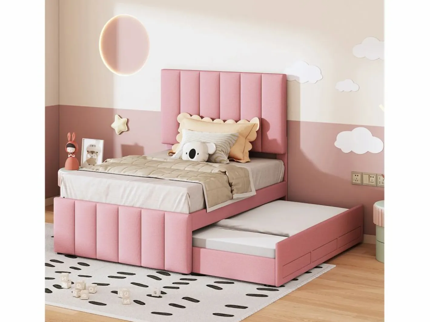 Cama Diván|Cama nido 90x200cm+90x190cm, cama con ruedas con 3 cajones, cama tapizada en lino, para niños y jóvenes, color