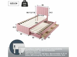 Cama Diván|Cama nido 90x200cm+90x190cm, cama con ruedas con 3 cajones, cama tapizada en lino, para niños y jóvenes, color