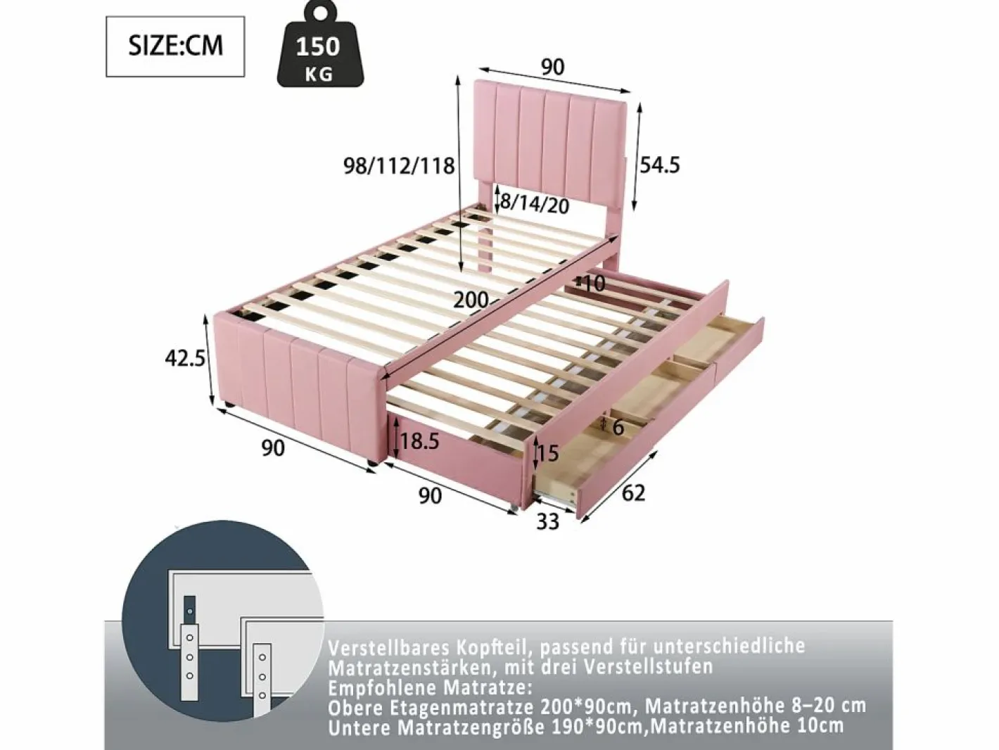 Cama Diván|Cama nido 90x200cm+90x190cm, cama con ruedas con 3 cajones, cama tapizada en lino, para niños y jóvenes, color