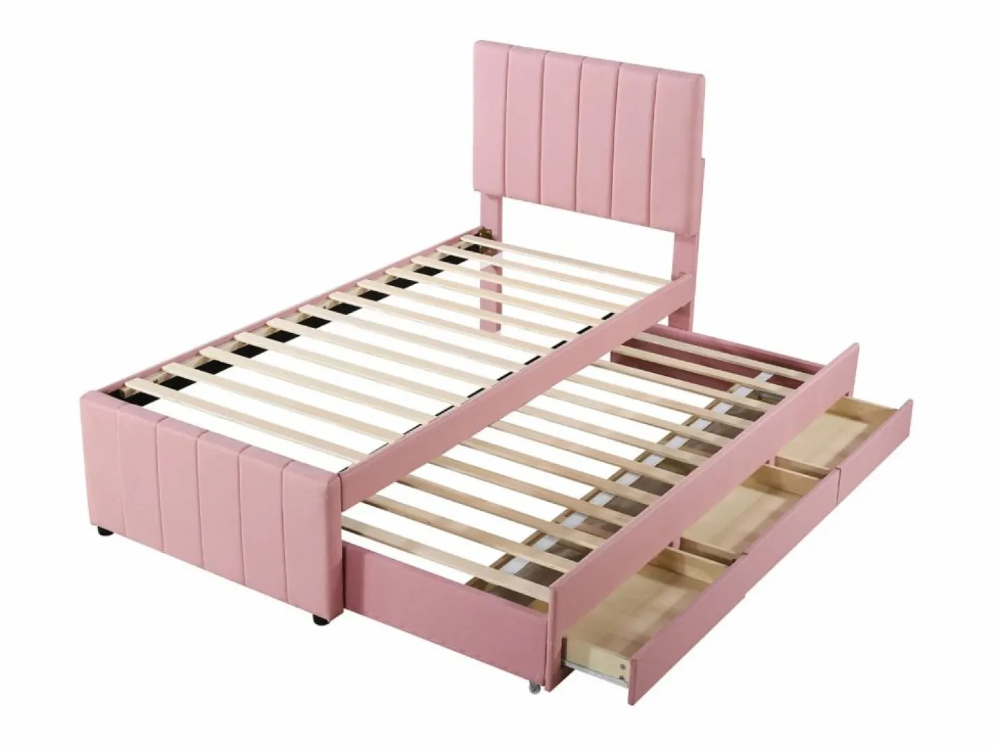 Cama Diván|Cama nido 90x200cm+90x190cm, cama con ruedas con 3 cajones, cama tapizada en lino, para niños y jóvenes, color