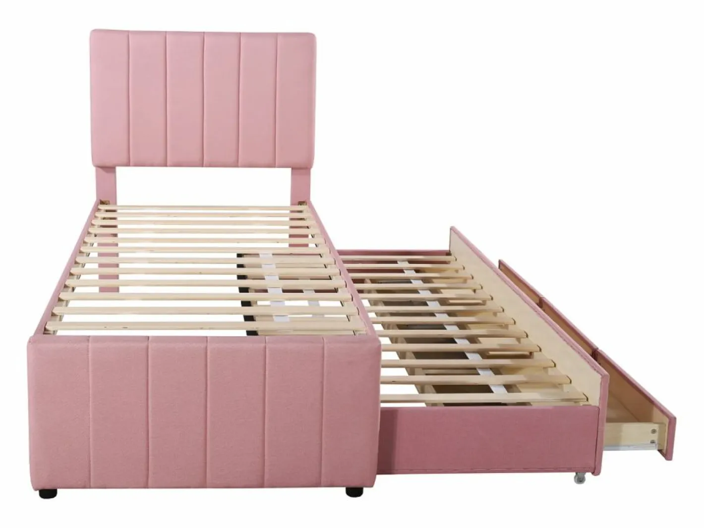 Cama Diván|Cama nido 90x200cm+90x190cm, cama con ruedas con 3 cajones, cama tapizada en lino, para niños y jóvenes, color