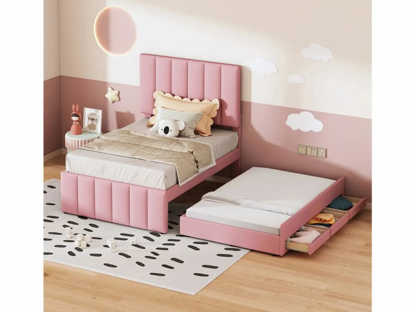 Cama Diván|Cama nido 90x200cm+90x190cm, cama con ruedas con 3 cajones, cama tapizada en lino, para niños y jóvenes, color