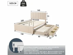 Cama nido 140x200cm+90x190cm, cama con ruedas con 3 cajones, cama tapizada de lino, para niños y jóvenes, Beige Outlet