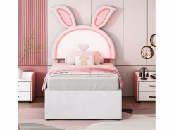 Cama nido 90x200+90x190cm, cama infantil acolchada en tejido de terciopelo, con cajón de almacenamiento, cabecero LED con orejas de conejo, Beige New