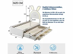 Cama nido 90x200+90x190cm, cama infantil acolchada en tejido de terciopelo, con cajón de almacenamiento, cabecero LED con orejas de conejo, Beige New