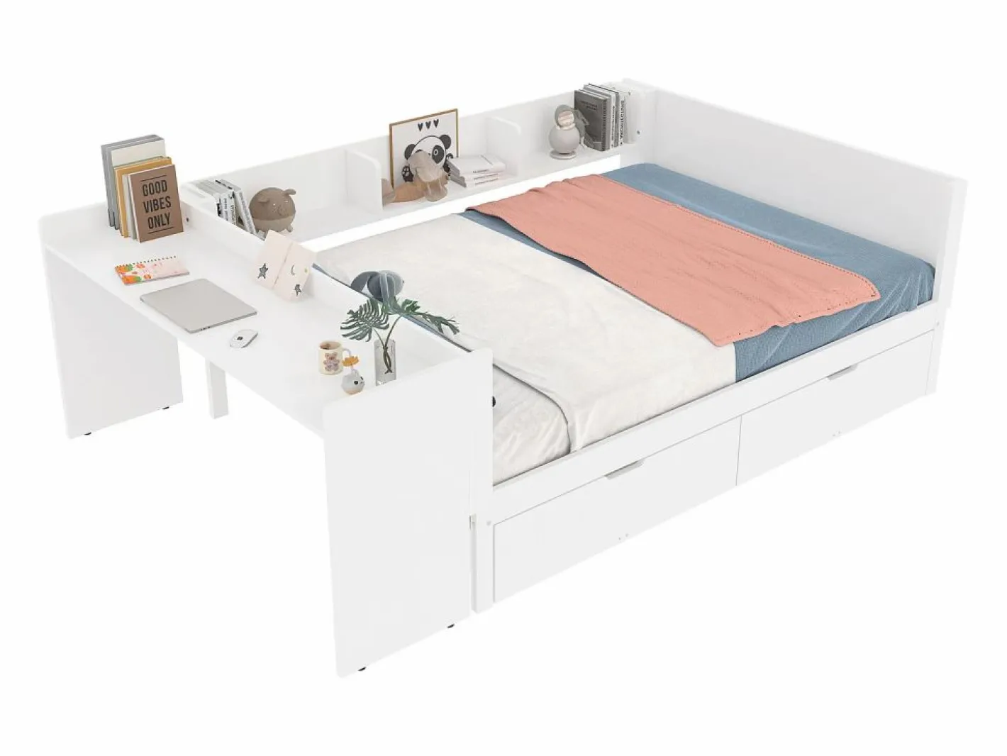 Cama Diván|Cama para adultos de 140 x 200 cm - con 2 cajones y estantes - pino - colchón no incluido