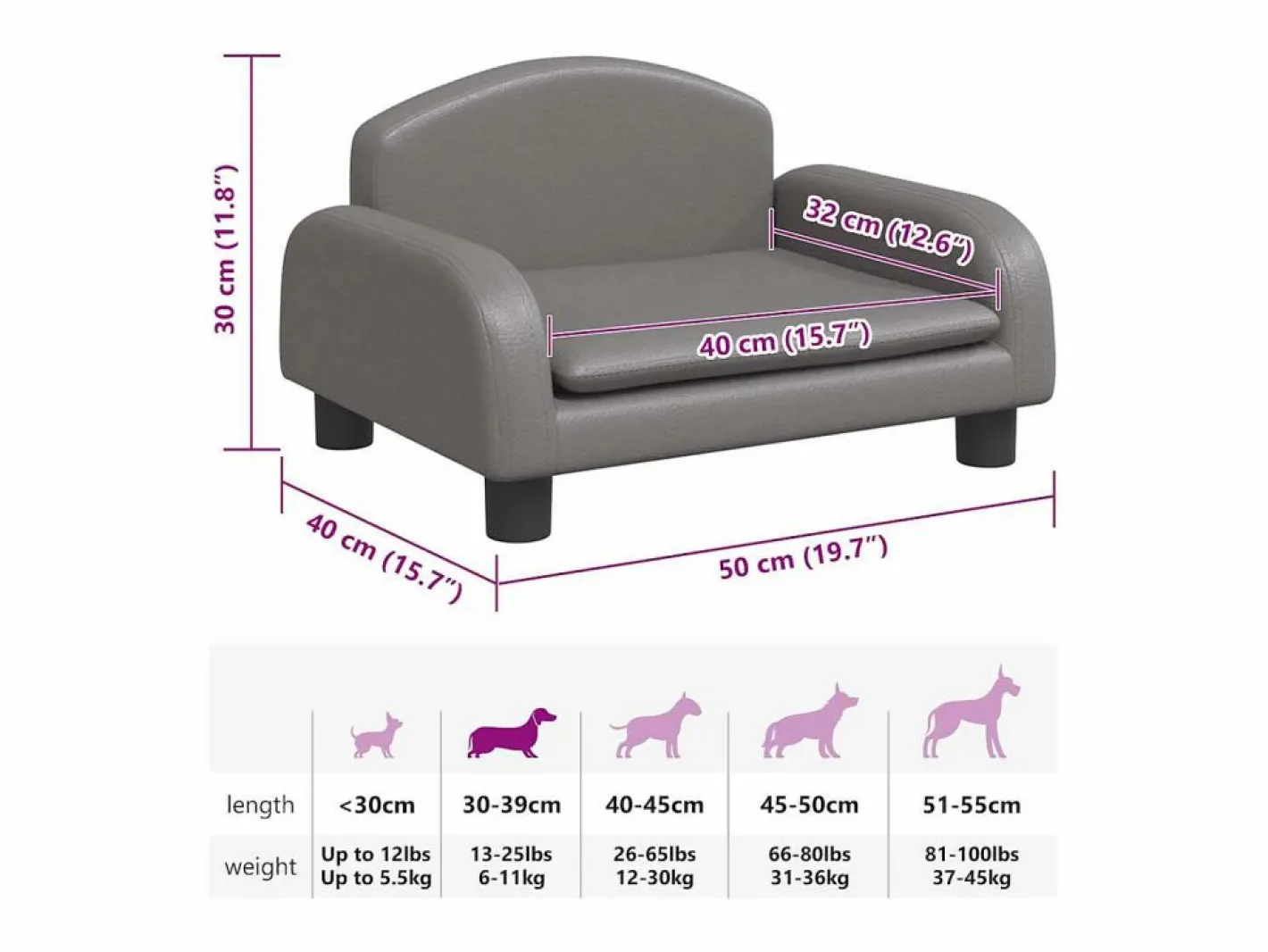 Clicnbuy Cama para perros de cuero sintético 50x40x30 cm Gris Outlet