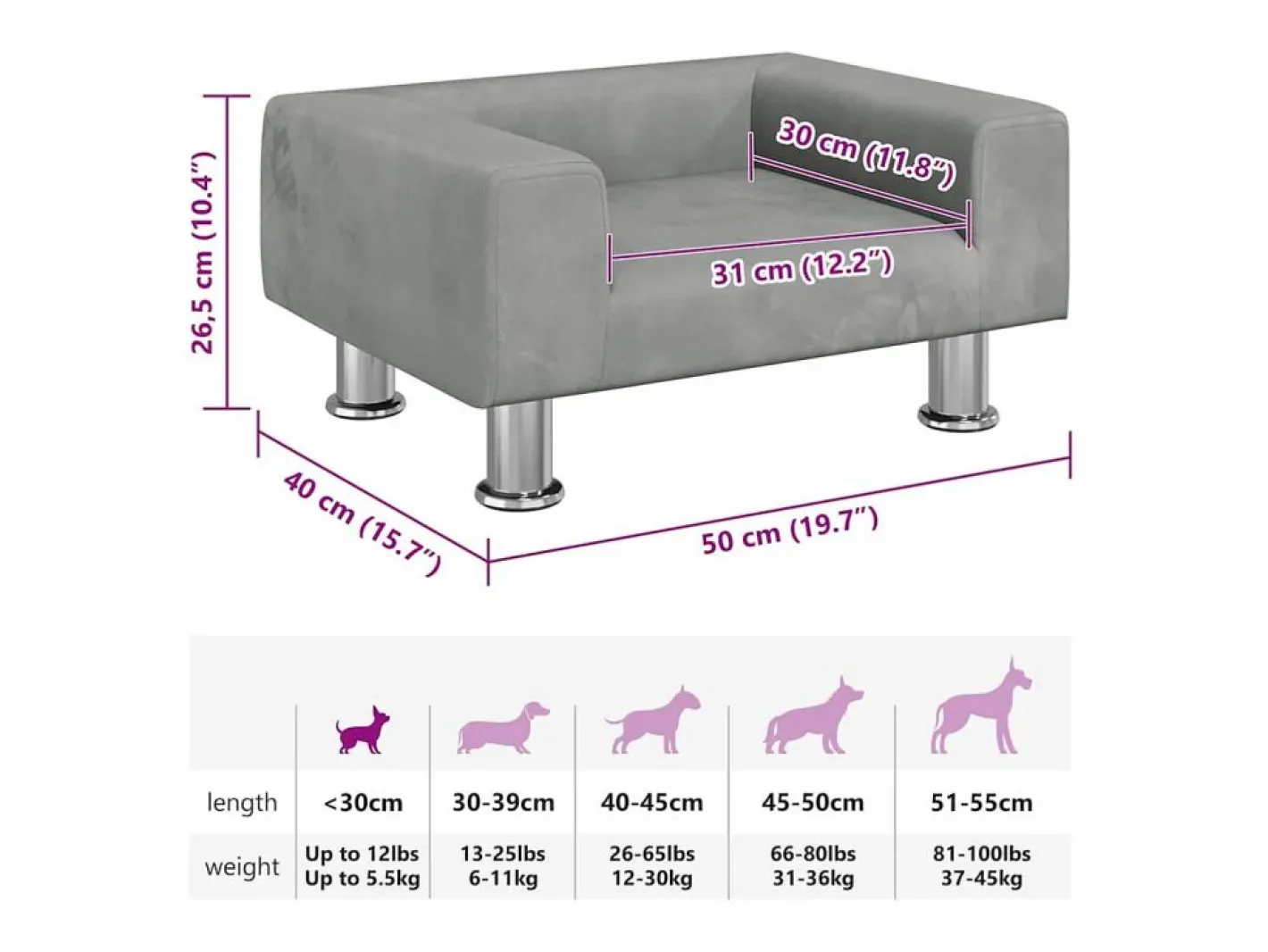 Clicnbuy Cama para perros de terciopelo claro 50x40x26,5 cm Gris Best