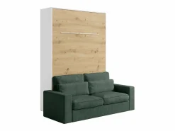 Vente-unique Cama Abatible|Cama plegable 140 x 200 cm con leds blanco y natural + sofá verde - RAPILI