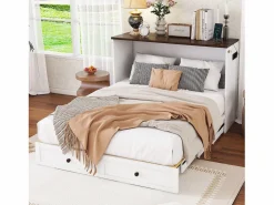 Cama plegable 140 x 200 cm con 2 cajones y estante en la cabecera de la cama - Madera de pino y MDF - Toma USB -^Merax Online