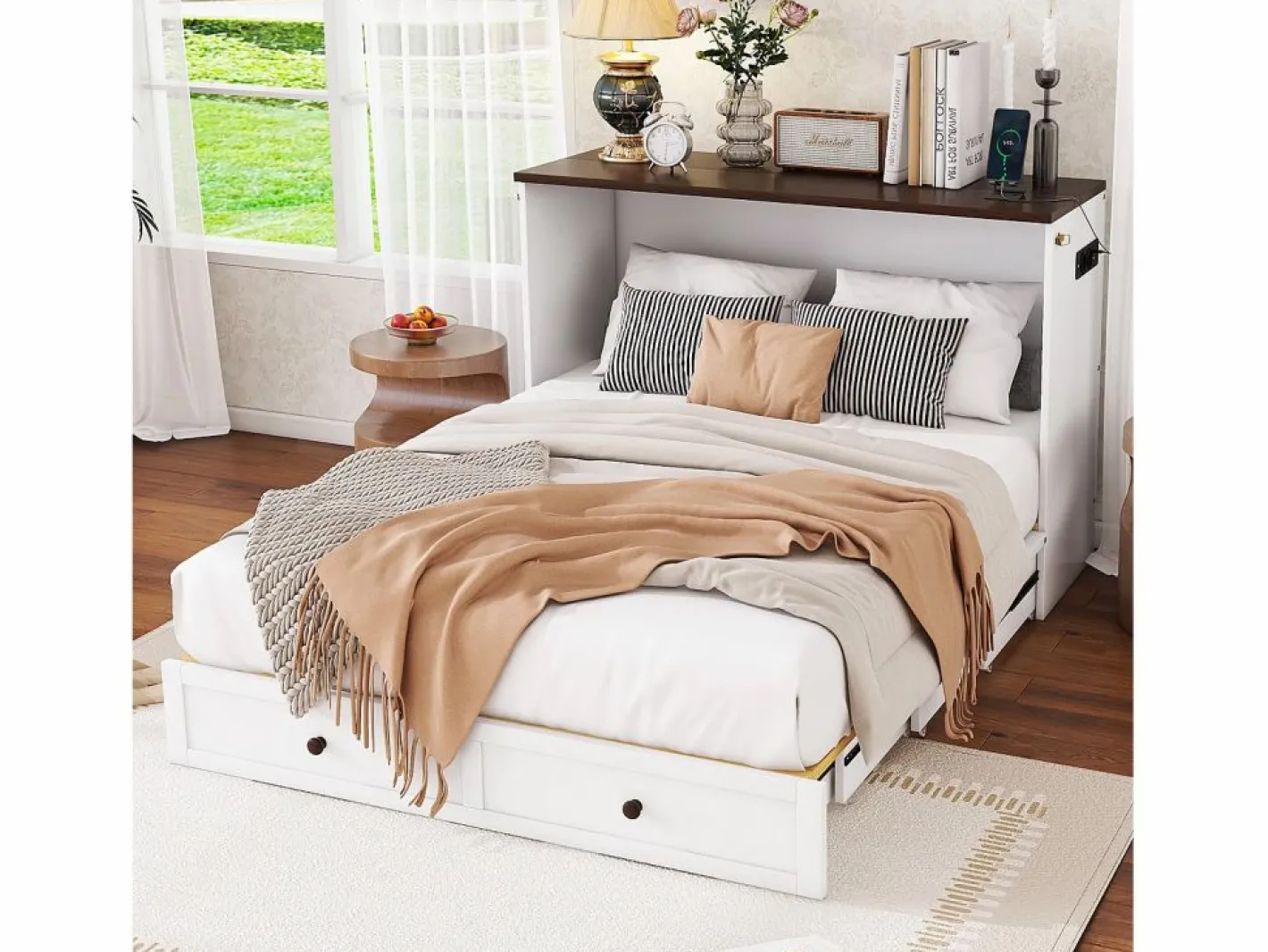 Cama plegable 140 x 200 cm con 2 cajones y estante en la cabecera de la cama - Madera de pino y MDF - Toma USB -^Merax Online
