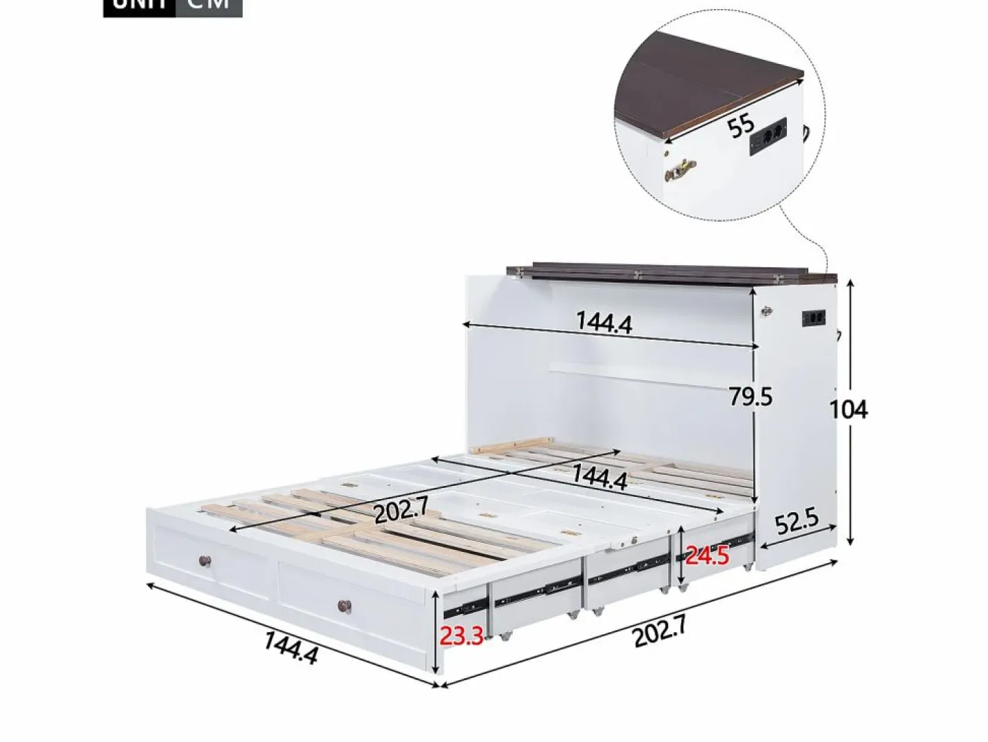 Cama plegable 140 x 200 cm con 2 cajones y estante en la cabecera de la cama - Madera de pino y MDF - Toma USB -^Merax Online