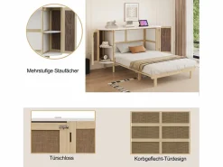 Merax Cama plegable infantil - 140 x 200 cm - con compartimentos de almacenaje - diseño de ratán y madera - color natural Color natural claro Outlet