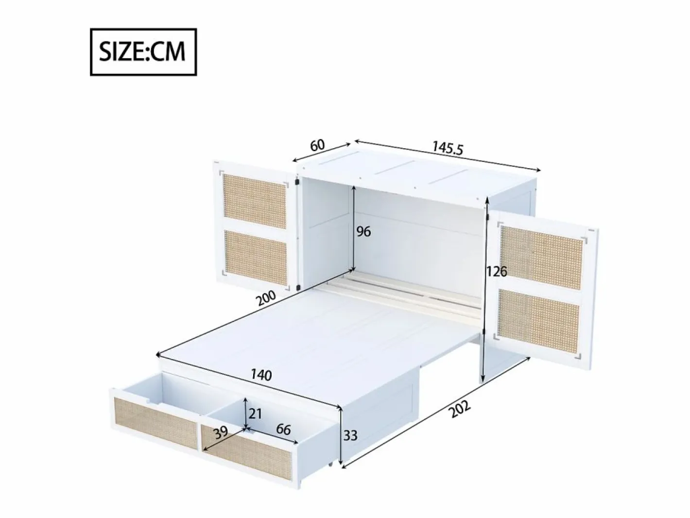 Cama plegable juvenil - 140 x 200 cm - Cama abatible de pared con cajones - Pino + contrachapado + MDF -^Merax Best
