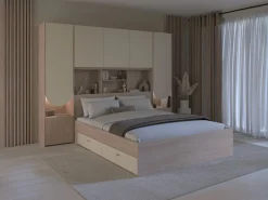 Cama puente 140 x 190 cm con almacenamiento y LEDs en beige y natural + somier - DOMELITO^Vente-unique Discount