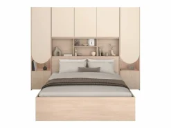 Cama puente 140 x 190 cm con almacenamiento y LEDs en beige y natural + somier - DOMELITO^Vente-unique Discount